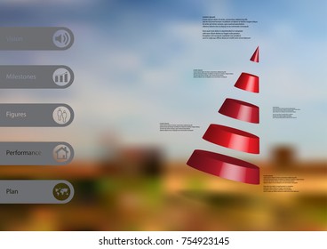 3D illustration infographic template with motif of cone divided to five red parts askew arranged with simple sign and sample text on side in bars. Blurred photo is used as background.