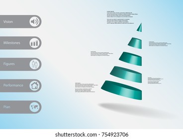 3D illustration infographic template with motif of cone divided to five blue parts askew arranged with simple sign and sample text on side in bars. Light blue gradient is used as background.