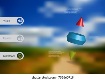 3D illustration infographic template with motif of two spike cone divided to three color parts askew arranged with simple sign and sample text on side in bars. Blurred photo is used as background.