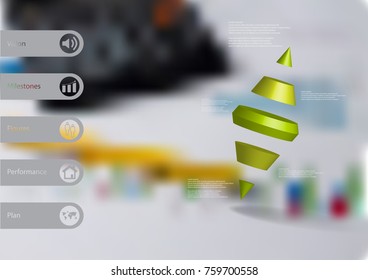 3D illustration infographic template with motif of two spike cone divided to five green parts askew arranged with simple sign and sample text on side in bars. Blurred photo is used as background.