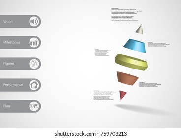 3D illustration infographic template with motif of two spike cone divided to five color parts askew arranged with simple sign and sample text on side in bars. Light grey gradient is used as background