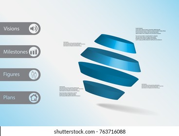 3D illustration infographic template with motif of rotated hexagon divided to four blue parts askew arranged with simple sign and sample text on side in bars. Light blue gradient is used as background