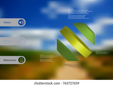 3D illustration infographic template with motif of rotated octagon divided to three green parts askew arranged with simple sign and sample text on side in bars. Blurred photo is used as background.