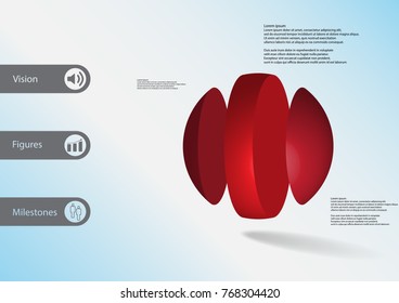 3D illustration infographic template with motif of ball vertically divided to three red parts askew arranged with simple sign and sample text on side in bars. Light blue gradient is used as background