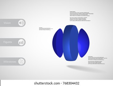3D illustration infographic template with motif of ball vertically divided to three blue parts askew arranged with simple sign and sample text on side in bars. Light grey gradient used as background