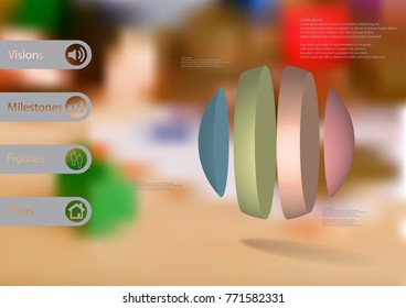 3D illustration infographic template with motif of ball vertically divided to four color parts with simple sign and sample text on side in bars. Blurred photo is used as background.