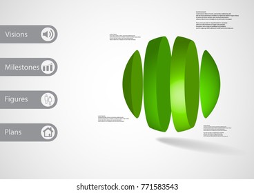 3D illustration infographic template with motif of ball vertically divided to four green parts with simple sign and sample text on side in bars. Light grey gradient is used as background.