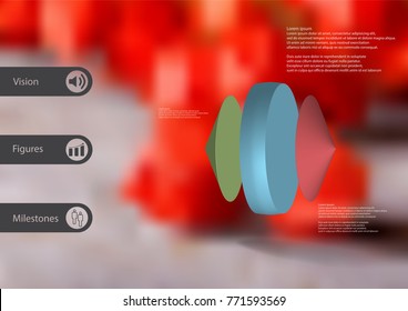 3D illustration infographic template with motif of color cylinder between two cones horizontally placed with simple sign and sample text on side in bars. Blurred photo is used as background.