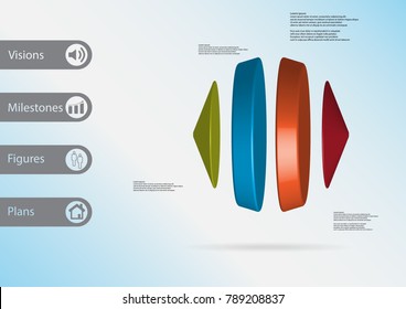 3D illustration infographic template with motif of two cones and two cylinders between vertically arranged with various colors with simple sign and sample text on side in bars.