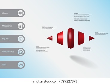 3D illustration infographic template with motif of two spiked cone vertically divided to five red parts with simple sign and sample text on side in bars. Light blue gradient is used as background.