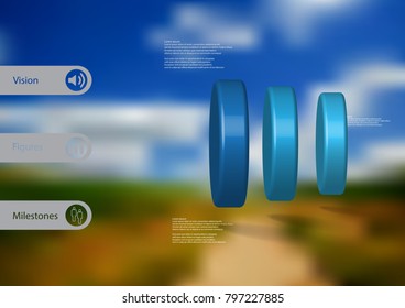 3D illustration infographic template with motif of three blue cylinders horizontally arranged with simple sign and sample text on side in bars. Blurred photo is used as background.