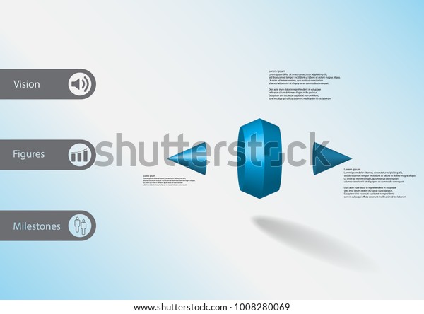 3D illustration infographic template with\
motif of two spiked cone vertically divided to three blue parts\
with simple sign and sample text on side in bars. Light blue\
gradient is used as\
background.