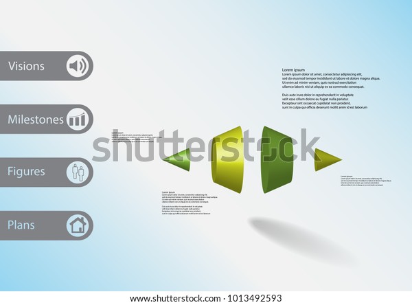 3D illustration infographic template with\
motif of two spiked cone vertically divided to four green parts\
with simple sign and sample text on side in bars. Light blue\
gradient is used as\
background.