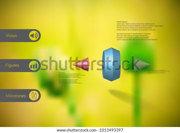 3D illustration infographic template with\
motif of two spiked cone vertically divided to three color parts\
with simple sign and sample text on side in bars. Blurred photo is\
used as background.