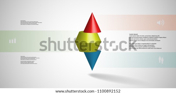 3D\
illustration infographic template with motif of horizontally sliced\
spiked cone to three color parts stands on top. Simple sign and\
text is in color banners. Background is light\
grey.