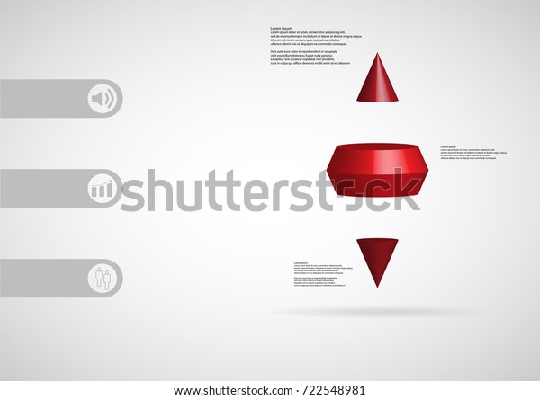 3D illustration infographic template with\
motif of two spike cone horizontally divided to three red slices\
with simple sign and text on side in bars. Light grey gradient used\
as background.