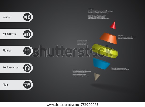 3D illustration infographic template with\
motif of two spike cone divided to five color parts askew arranged\
with simple sign and sample text on side in bars. Dark grey\
gradient is used as\
background.