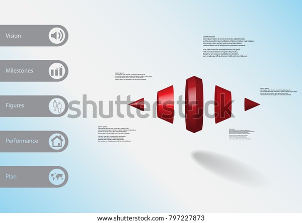 3D illustration infographic template with\
motif of two spiked cone vertically divided to five red parts with\
simple sign and sample text on side in bars. Light blue gradient is\
used as background.