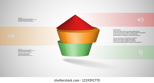 3D illustration infographic template. The round pentagon is divided to three color parts. Object is arranged on grey / white background. Color bars with simple signs are on sides.