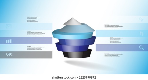 3D illustration infographic template. The round pentagon is divided to six blue parts. Object is arranged on blue white background. Color bars with simple signs are on sides.