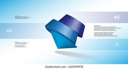 3D illustration infographic template. The round pentagon is divided to three color parts. Object is askew arranged on blue white background. Color bars with simple signs are on sides.