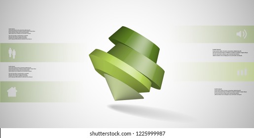 3D illustration infographic template. The round pentagon is divided to four green parts. Object is askew arranged on grey white background. Color bars with simple signs are on sides.