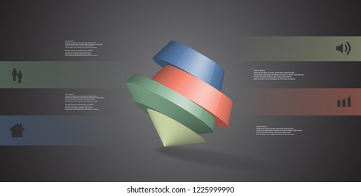 3D illustration infographic template. The round pentagon is divided to four color parts. Object is askew arranged on grey black background. Color bars with simple signs are on sides.