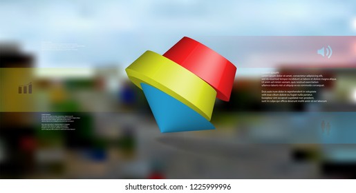 3D illustration infographic template. The round pentagon is divided to three color parts. Object is askew arranged on blurred photo background. Color bars with simple signs are on sides.