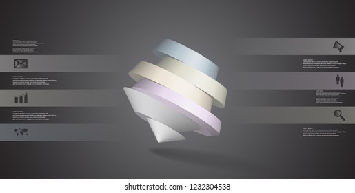 3D illustration infographic template. The round pentagon is divided to six color parts. Object is askew arranged on grey black background. Color bars with simple signs are on sides.