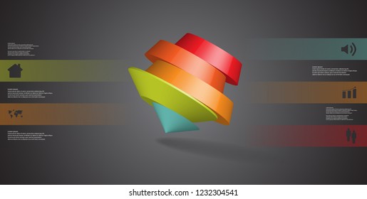 3D illustration infographic template. The round pentagon is divided to five color parts. Object is askew arranged on grey black background. Color bars with simple signs are on sides.