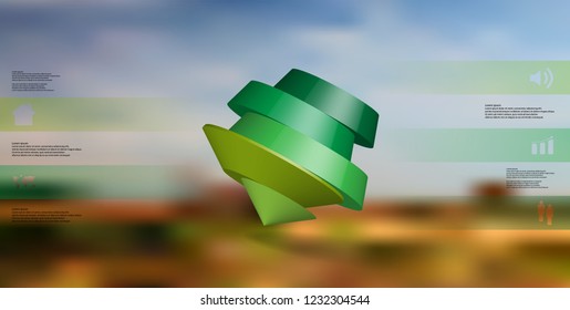 3D illustration infographic template. The round pentagon is divided to five color parts. Object is askew arranged on blurred photo background. Color bars with simple signs are on sides.