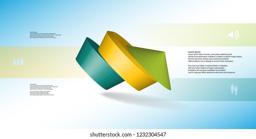 3D illustration infographic template. The round pentagon is divided to three color parts. Object is askew arranged on blue white background. Color bars with simple signs are on sides.