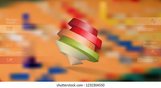 3D illustration infographic template. The round pentagon is divided to six color parts. Object is askew arranged on blurred photo background. Color bars with simple signs are on sides.