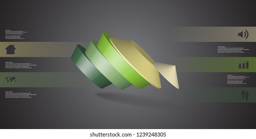 3D illustration infographic template. The round pentagon is divided to five color parts. Object is askew arranged on grey black background. Color bars with simple signs are on sides.