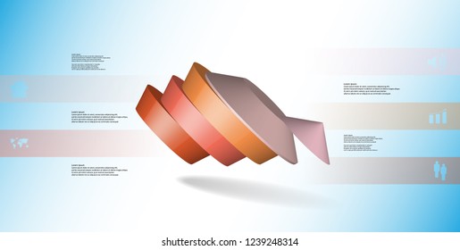 3D illustration infographic template. The round pentagon is divided to five color parts. Object is askew arranged on blue white background. Color bars with simple signs are on sides.