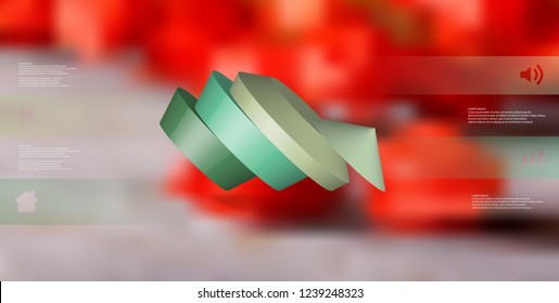 3D illustration infographic template. The round pentagon is divided to four color parts. Object is askew arranged on blurred photo background. Color bars with simple signs are on sides.