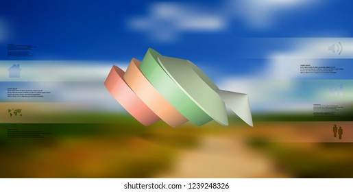 3D illustration infographic template. The round pentagon is divided to five color parts. Object is askew arranged on blurred photo background. Color bars with simple signs are on sides.