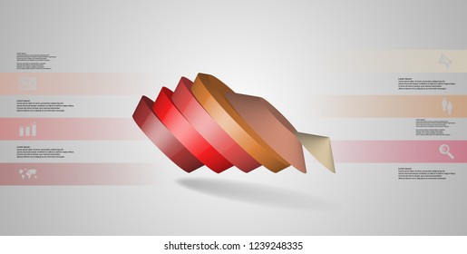 3D illustration infographic template. The round pentagon is divided to six color parts. Object is askew arranged on grey white background. Color bars with simple signs are on sides.