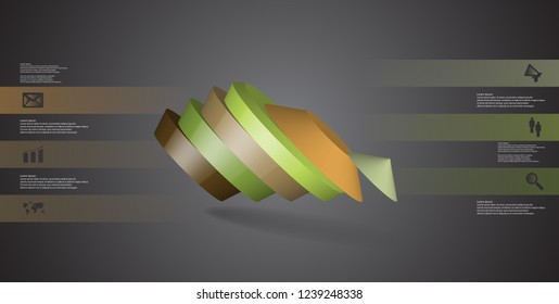 3D illustration infographic template. The round pentagon is divided to six color parts. Object is askew arranged on grey black background. Color bars with simple signs are on sides.