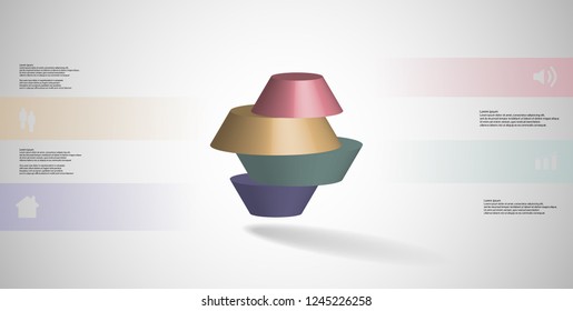 3D illustration infographic template. The round octagon is divided to four color parts. Object is arranged on grey white background. Color bars with simple signs are on sides.