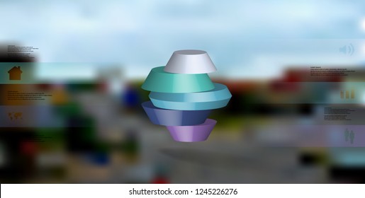 3D illustration infographic template. The round octagon is divided to five color parts. Object is arranged on blurred photo background. Color bars with simple signs are on sides.