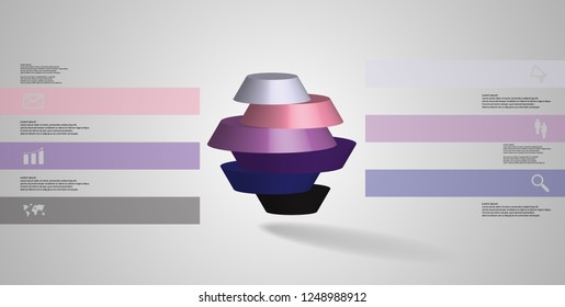 3D illustration infographic template. The round octagon is divided to six color parts. Object is arranged on grey white background. Color bars with simple signs are on sides.