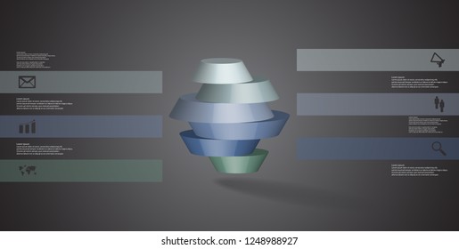3D illustration infographic template. The round octagon is divided to six color parts. Object is arranged on grey black background. Color bars with simple signs are on sides.