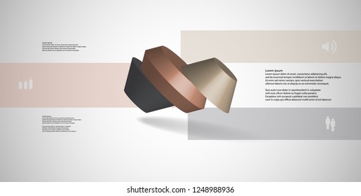 3D illustration infographic template. The round octagon is divided to three color parts. Object is askew spilled on grey white background. Color bars with simple signs are on sides.