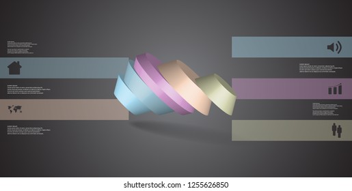3D illustration infographic template. The round octagon is divided to five color parts. Object is askew spilled on grey black background. Color bars with simple signs are on sides.