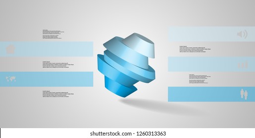 3D illustration infographic template. Round octagon divided into five color parts. Object is askew arranged on grey white background. Color bars with simple signs on sides.