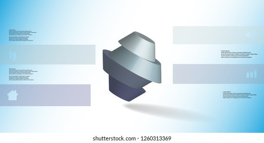 3D illustration infographic template. Round octagon divided into four color parts. Object is askew arranged on blue white background. Color bars with simple signs on sides.