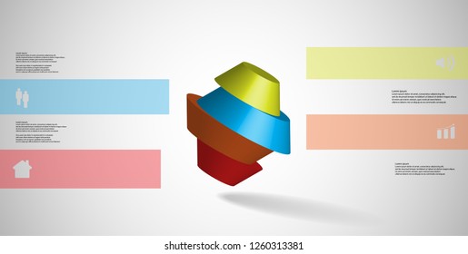 3D illustration infographic template. Round octagon divided into four color parts. Object is askew arranged on grey white background. Color bars with simple signs on sides.