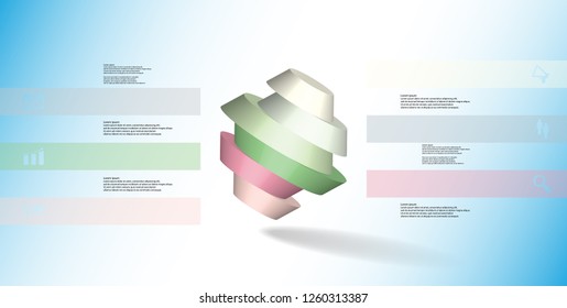 3D illustration infographic template. Round octagon divided into six color parts. Object is askew arranged on blue white background. Color bars with simple signs on sides.