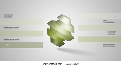 3D illustration infographic template. Round octagon divided into six color parts. Object is askew arranged on grey white background. Color bars with simple signs on sides.